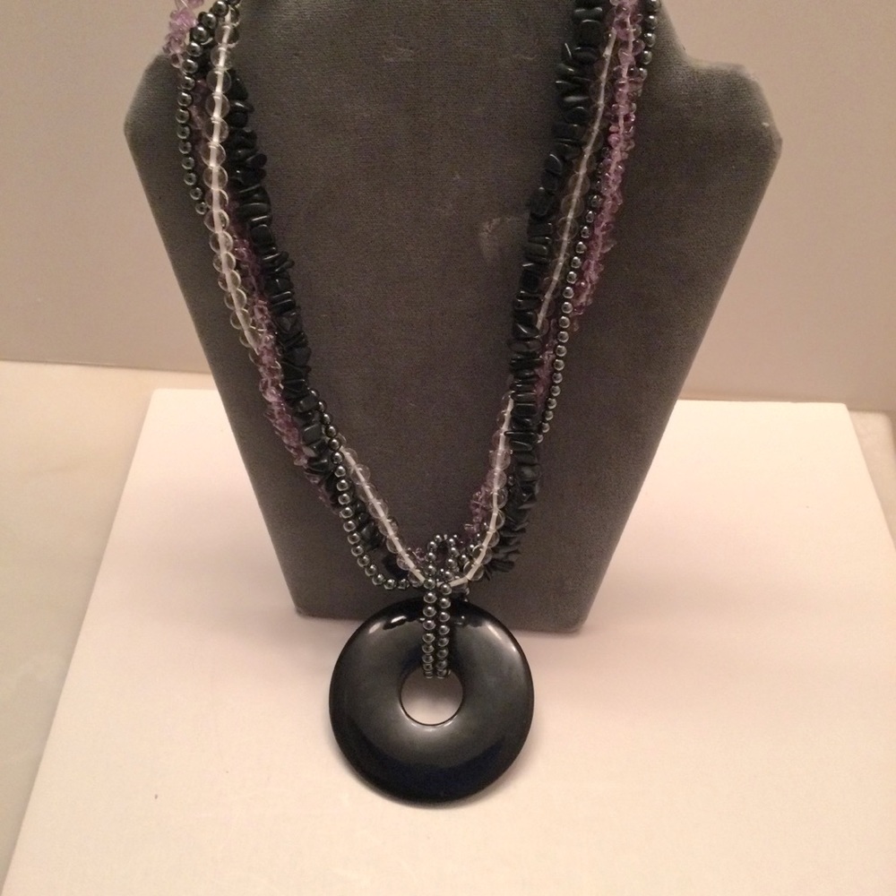 Onyx Pendant Dangling from Strands of Crystal, Hematite, Amethyst and Onyx.